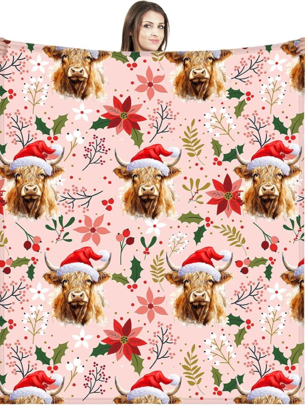 Christmas Highland Cow Throw Blanket, 60 x 50 Inches